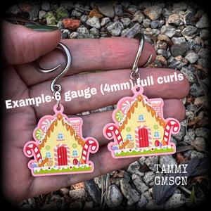 Gingerbread house earrings Kitsch Christmas earrings Gingerbread man gauges Ear hangers Gauged earrings Stretched lobes Gauged ears Stretched ears Christmas body jewelry Christmas jewelry Xmas 4mm 6mm 8mm 10mm 12mm 14mm 16mm 19mm 22mm 25mm 28mm 30mm