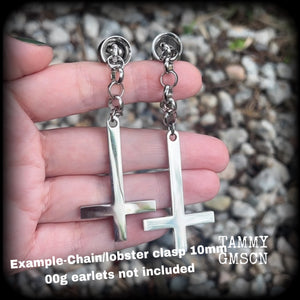 Inverted cross tunnel dangles Inverted cross tunnel earrings Church of Satan jewelry Satanic earrings Satanic body jewelry Pierced ears gauges Stretched ears Stretched lobes Demons Evil Gothic Occult 4mm 6mm 8mm 10mm 12mm 14mm 16mm 19mm 22mm 25mm 28mm 30mm