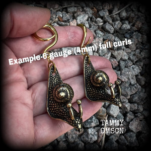 Brass snail gauged earrings-Garden snails ear weights