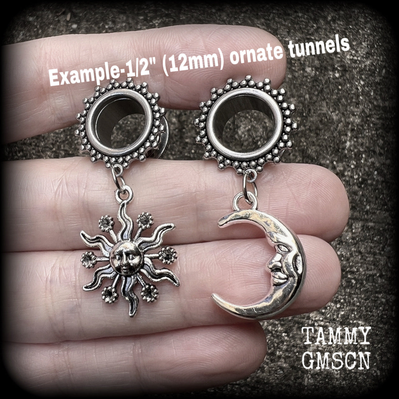 These gorgeous folk horror inspired tunnels feature antique silver crescent moon and esoteric sun charms, are super light weight at just 5 grams each and measure just over 4 cms from tip to tip.

This pair has been made with 1/2” gauge (12mm) surgical steel screw fit ornate tunnels-for stretched lobes.