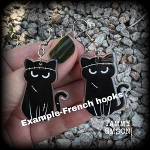 These awesome acrylic 'Zombie kitty' earrings measure in at just over 6cms from tip to tip, and are nice and dangly and nice and lightweight, weighing only a few grams each.  This pair has been made on stainless steel french hooks-suitable for pierced ears.