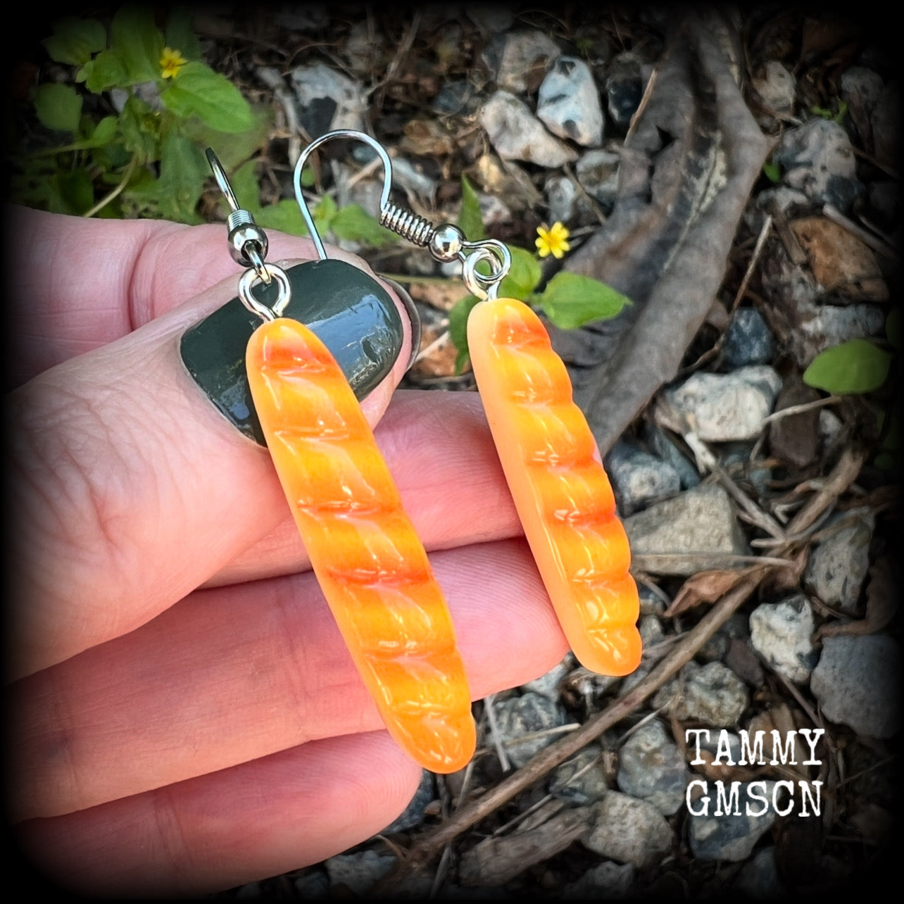 These cute little baguette earrings measure just on 6cms from tip to tip, and weigh only a few grams each.

This pair have been made on stainless steel french hooks, suitable for pierced ears.
