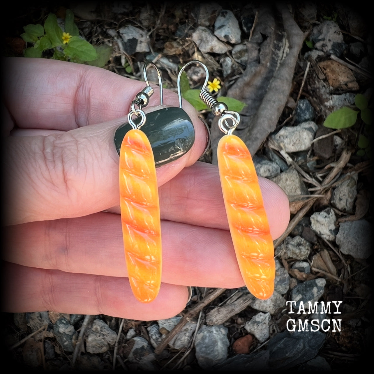 These cute little baguette earrings measure just on 6cms from tip to tip, and weigh only a few grams each.

This pair have been made on stainless steel french hooks, suitable for pierced ears.