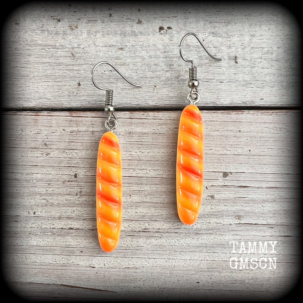These cute little baguette earrings measure just on 6cms from tip to tip, and weigh only a few grams each.

This pair have been made on stainless steel french hooks, suitable for pierced ears.