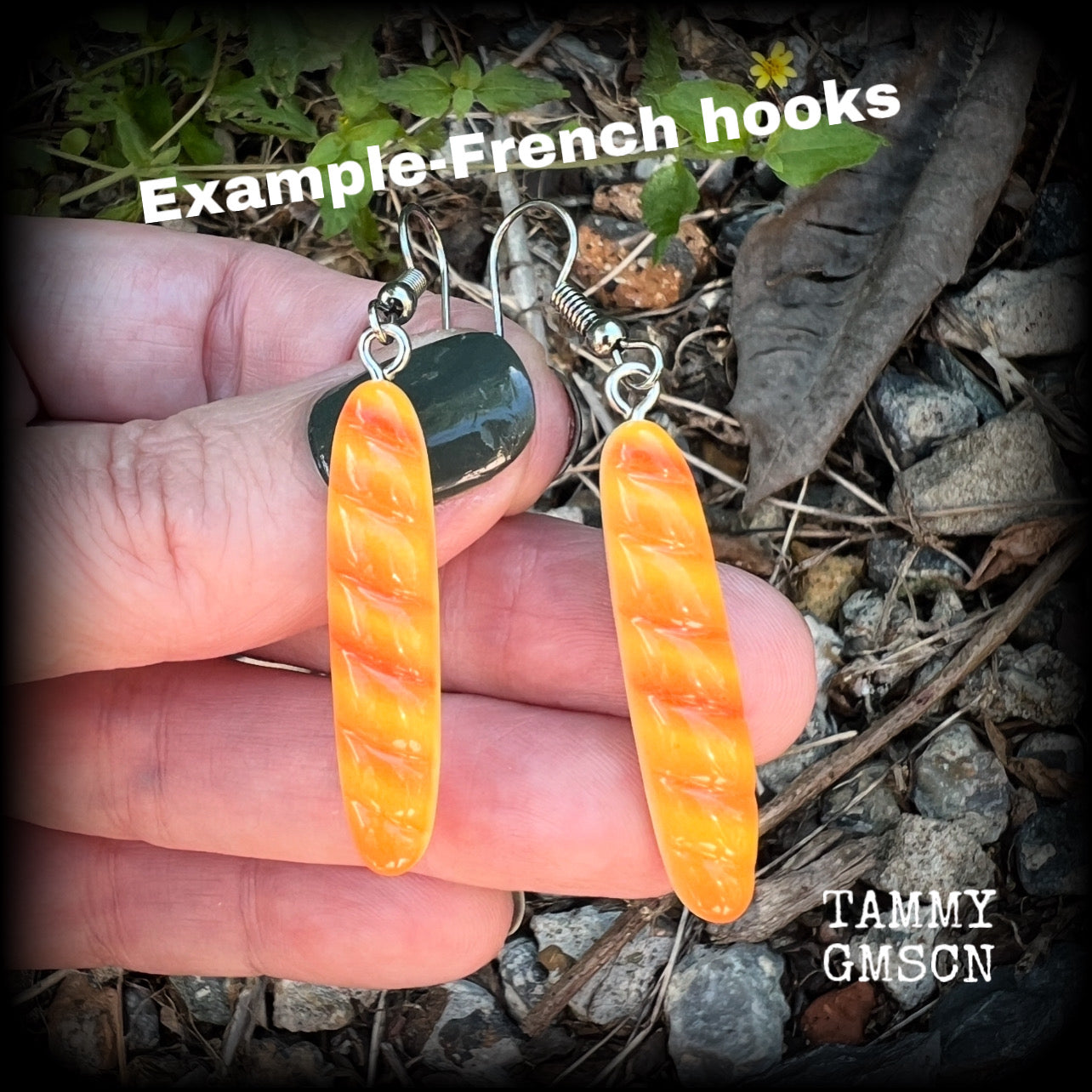 These cute little baguette earrings measure just on 6cms from tip to tip, and weigh only a few grams each.

This pair have been made on stainless steel french hooks, suitable for pierced ears.