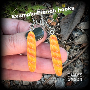 These cute little baguette earrings measure just on 6cms from tip to tip, and weigh only a few grams each.

This pair have been made on stainless steel french hooks, suitable for pierced ears.