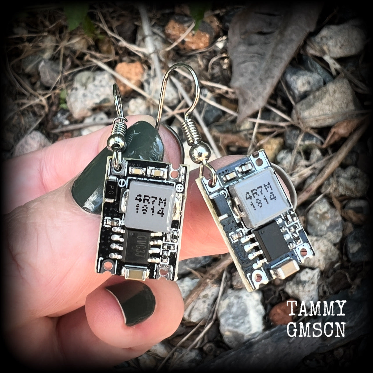 These awesome black and grey circuit board earrings measure just on 3cms from tip to tip, and weigh only 2 grams each, these are lovely and lightweight and not too dangly.

This pair has been made on stainless steel french hooks, to be worn in pierced ears.