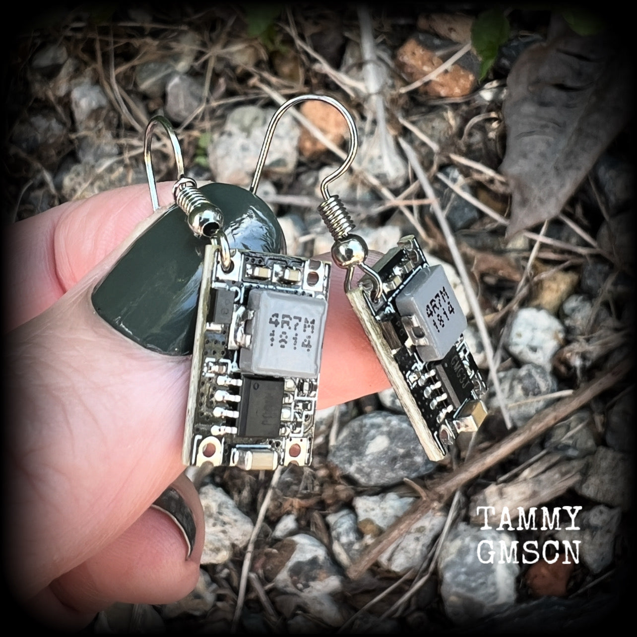 These awesome black and grey circuit board earrings measure just on 3cms from tip to tip, and weigh only 2 grams each, these are lovely and lightweight and not too dangly.

This pair has been made on stainless steel french hooks, to be worn in pierced ears.