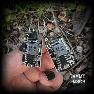 These awesome black and grey circuit board earrings measure just on 3cms from tip to tip, and weigh only 2 grams each, these are lovely and lightweight and not too dangly.

This pair has been made on stainless steel french hooks, to be worn in pierced ears.