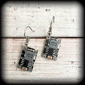 These awesome black and grey circuit board earrings measure just on 3cms from tip to tip, and weigh only 2 grams each, these are lovely and lightweight and not too dangly.

This pair has been made on stainless steel french hooks, to be worn in pierced ears.