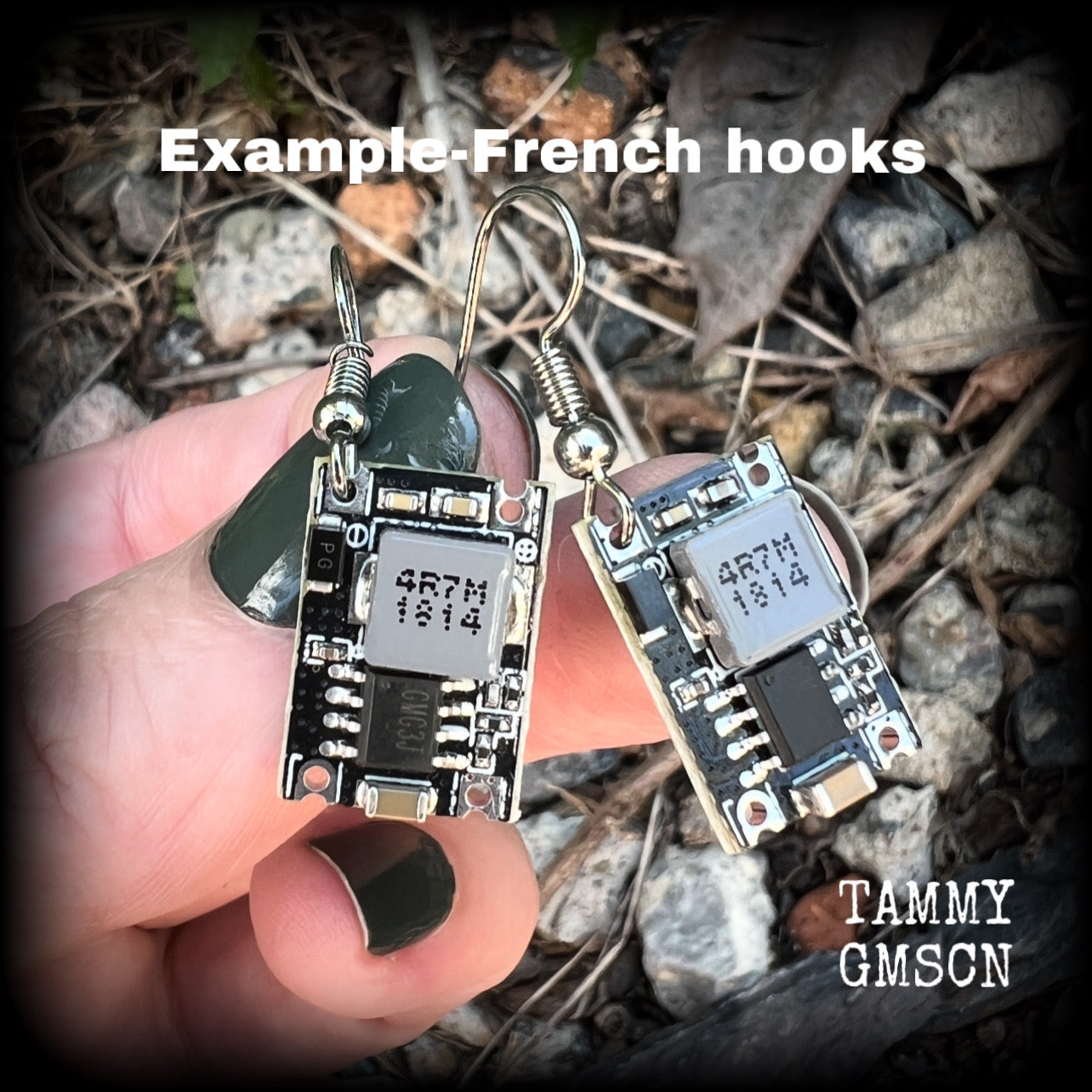 These awesome black and grey circuit board earrings measure just on 3cms from tip to tip, and weigh only 2 grams each, these are lovely and lightweight and not too dangly.

This pair has been made on stainless steel french hooks, to be worn in pierced ears.
