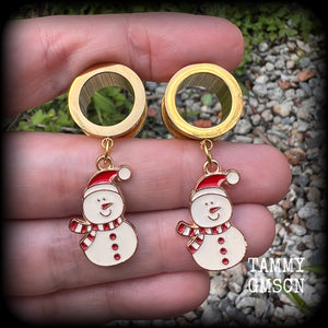 Snowman tunnels earrings Christmas mittens Winter solstice Yuletide Christmas tunnel dangles Plugs Ear gauges Stretched ears Gauged ears Christmas tunnels Candy cane earrings Stretched lobes Body jewelry Gauges 6mm 8mm 10mm 14mm 16mm 19mm 22mm 25mm