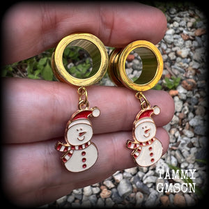 Snowman tunnels earrings Christmas mittens Winter solstice Yuletide Christmas tunnel dangles Plugs Ear gauges Stretched ears Gauged ears Christmas tunnels Candy cane earrings Stretched lobes Body jewelry Gauges 6mm 8mm 10mm 14mm 16mm 19mm 22mm 25mm