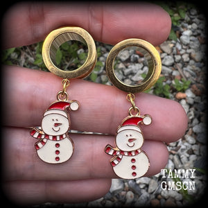 Snowman tunnels earrings Christmas mittens Winter solstice Yuletide Christmas tunnel dangles Plugs Ear gauges Stretched ears Gauged ears Christmas tunnels Candy cane earrings Stretched lobes Body jewelry Gauges 6mm 8mm 10mm 14mm 16mm 19mm 22mm 25mm