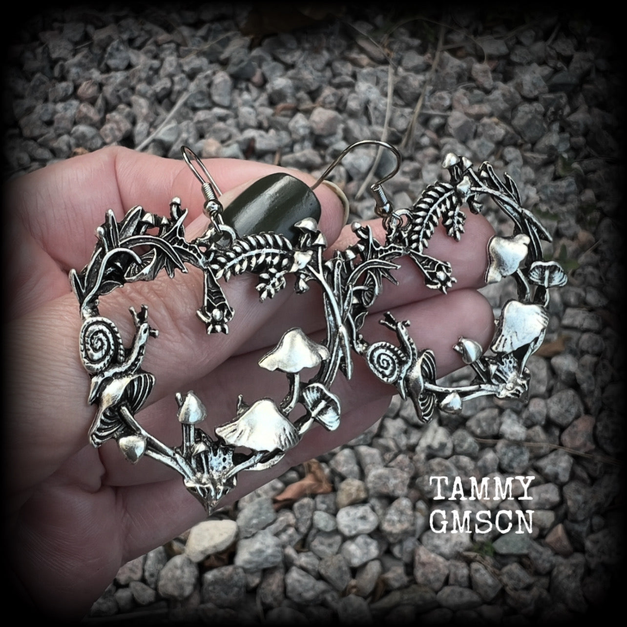 Antique snail and mushroom forest punk earrings-Moss goth earrings