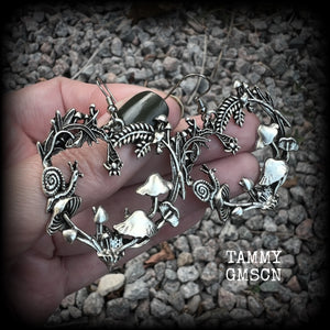 Antique snail and mushroom forest punk earrings-Moss goth earrings
