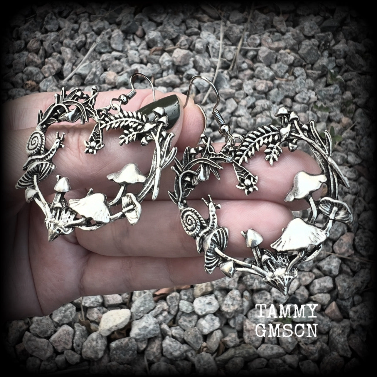 Antique snail and mushroom forest punk earrings-Moss goth earrings