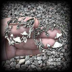 Antique snail and mushroom forest punk earrings-Moss goth earrings