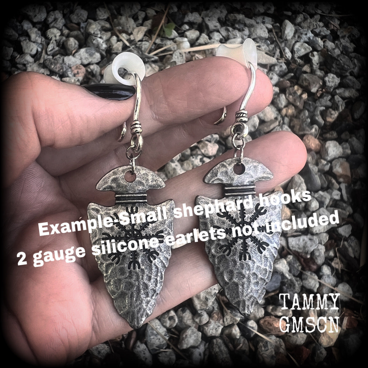 Helm of awe jewelry Arrowhead earrings Arrowhead ear weights Viking jewelry Viking ear weights Viking ear hangers Viking body jewelry Tribal jewelry Arrows Arrow earrings Celtic jewelry Celtic earrings Pierced ears Gauged ears Ear gauges Tunnels 8 gauge ear weights 