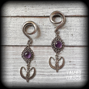 Amethyst ear weights Amethyst 2 gauge ear  hangers Gemstone ear weights Moon goddess jewelry Body jewelry Witchy earrings Moss goth Gauged earings Gauged ears Stretched ears Stretched lobes 4mm 6mm 8mm 10mm 12mm 14mm 16mm 19mm 22mm 25mm 28mm 30mm