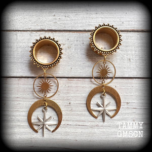 Crescent moon and starburst tunnel earrings 19mm tunnel dangles Stretched ears Boho star and moon earrings Gypsy boho body jewelry MCM earrings Retro star Gauged ears Stretched lobes Esoteric 6mm 8mm 10mm 12mm 14mm 16mm 19mm 22mm 25mm 28mm 30mm 