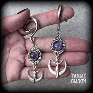 Amethyst ear weights Amethyst 2 gauge ear  hangers Gemstone ear weights Moon goddess jewelry Body jewelry Witchy earrings Moss goth Gauged earings Gauged ears Stretched ears Stretched lobes 4mm 6mm 8mm 10mm 12mm 14mm 16mm 19mm 22mm 25mm 28mm 30mm