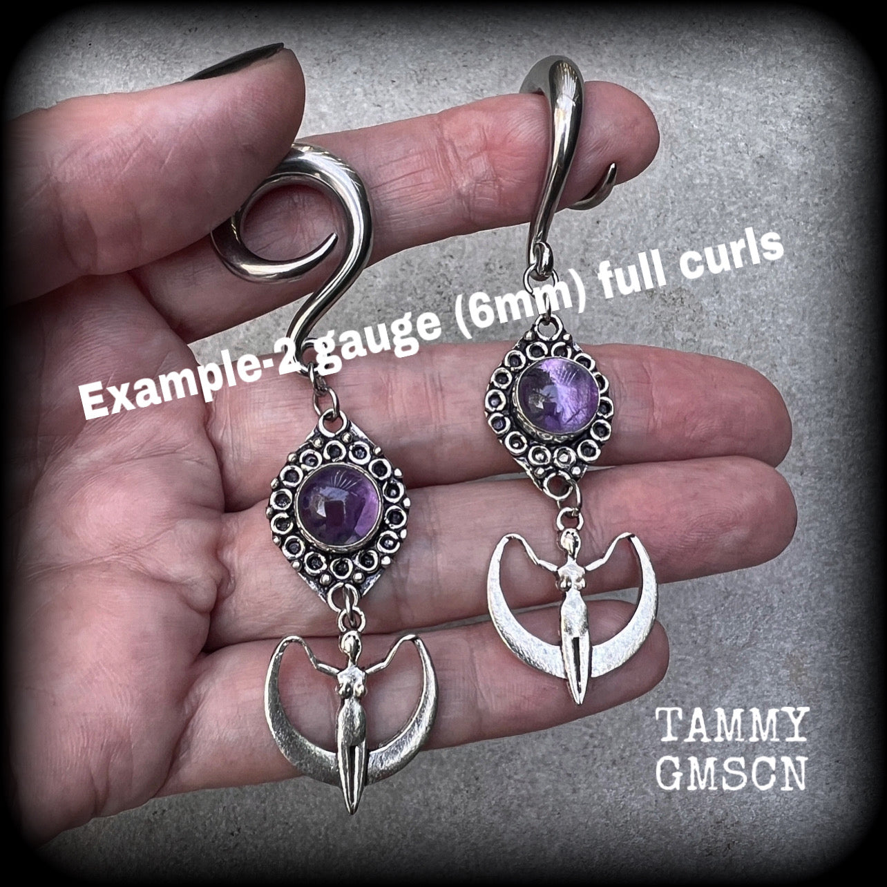 Amethyst ear weights Amethyst 2 gauge ear  hangers Gemstone ear weights Moon goddess jewelry Body jewelry Witchy earrings Moss goth Gauged earings Gauged ears Stretched ears Stretched lobes 4mm 6mm 8mm 10mm 12mm 14mm 16mm 19mm 22mm 25mm 28mm 30mm