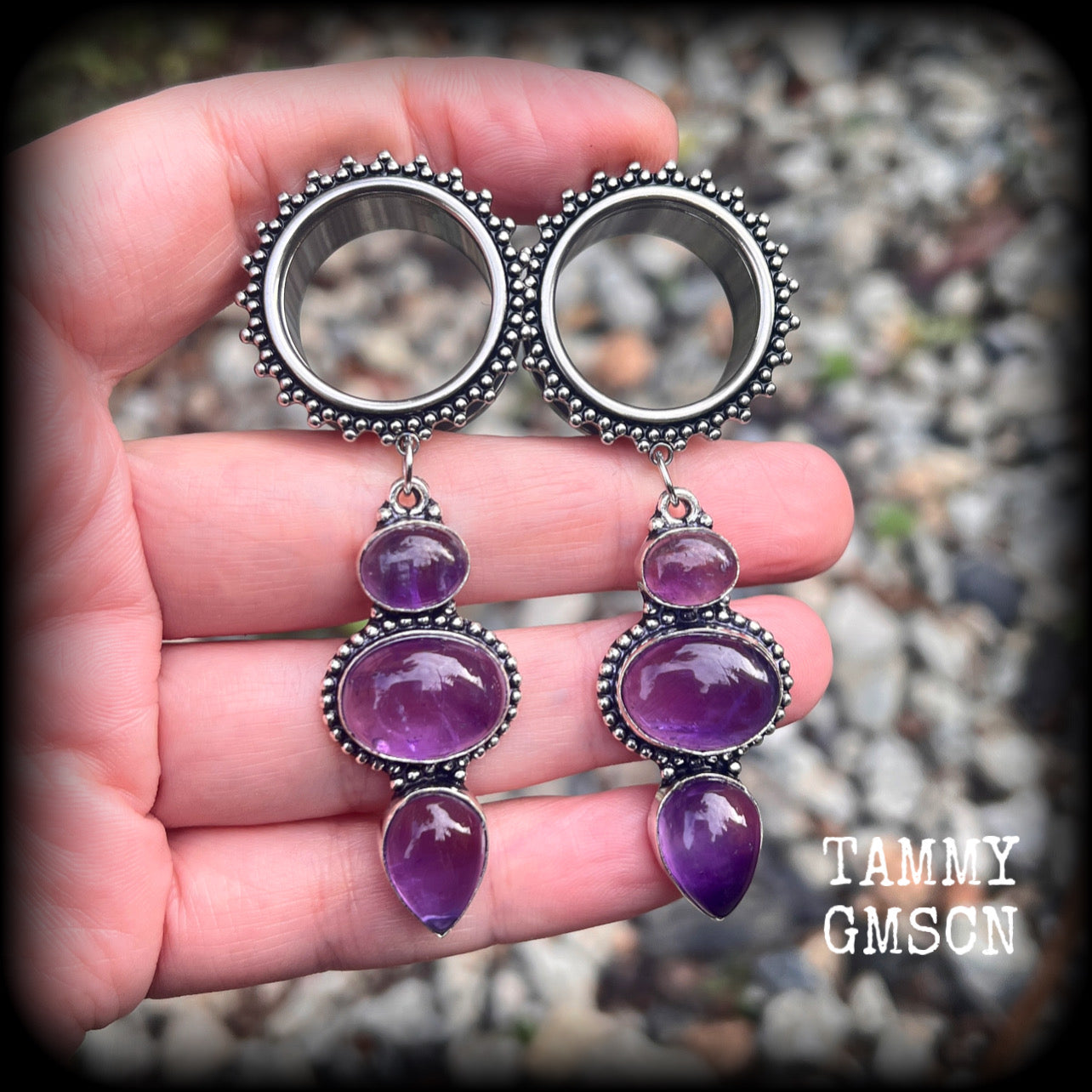 Amethyst gauged earrings