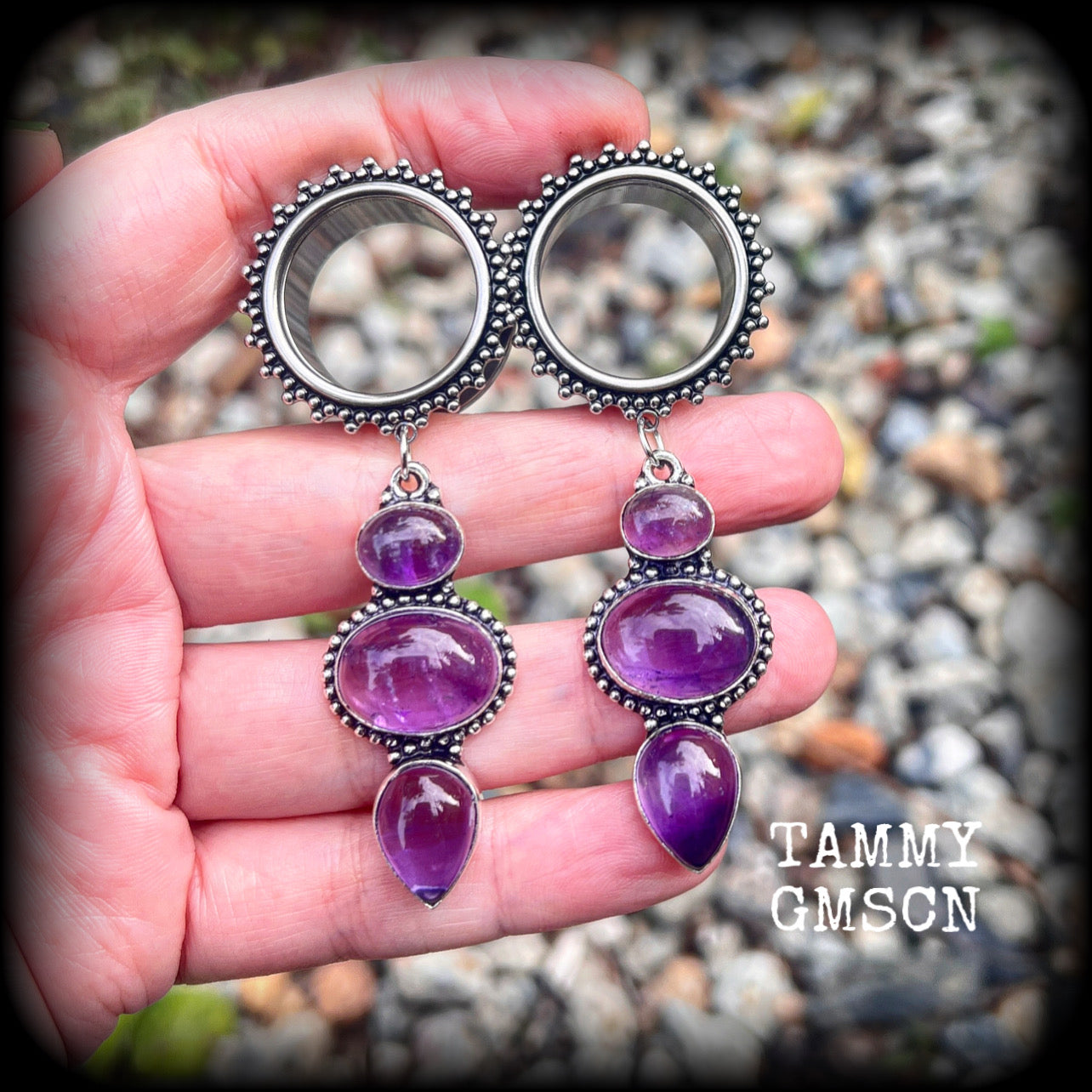 Amethyst tunnel earrings