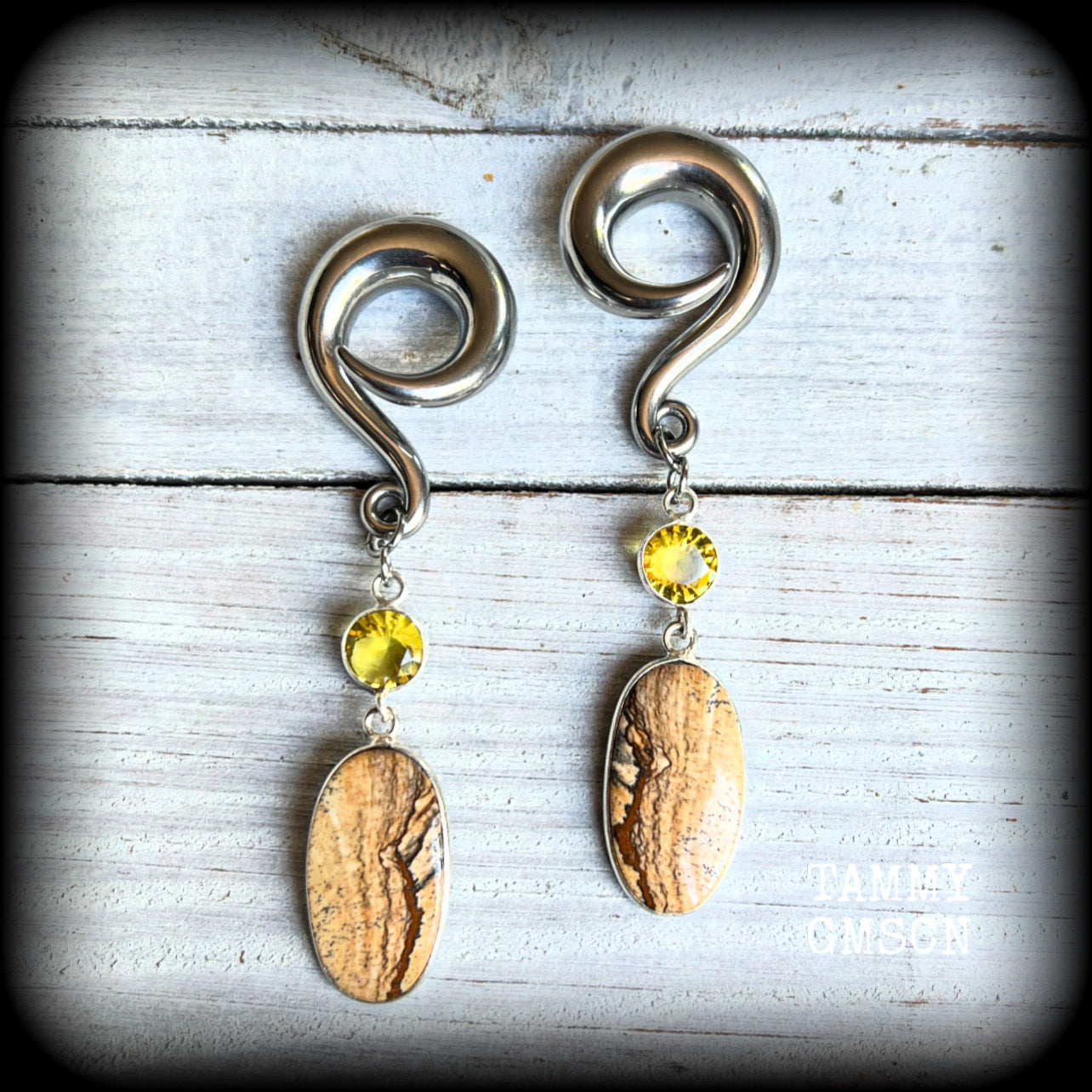 🔥 Picture jasper is used to connect to the Earth's energy, promote emotional balance, and inspire visualization in meditation.

Featuring beautiful picture jasper gems hanging from golden yellow citrine gemstones, these earrings measure just over 8cms from tip to tip, and weigh approx 17 grams each.

This pair have been made on 0 gauge (8mm) surgical steel full curl hooks, suitable for stretched lobes.
