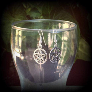 These antique silver pentagram earrings are light weight, weighing only a gram or two each and nice and dangly, measuring just over 4cms from tip to tip.
This pair has been made on stainless steel french hooks, suitable for pierced ears.