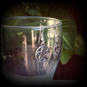 These antique silver pentagram earrings are light weight, weighing only a gram or two each and nice and dangly, measuring just over 4cms from tip to tip.
This pair has been made on stainless steel french hooks, suitable for pierced ears.