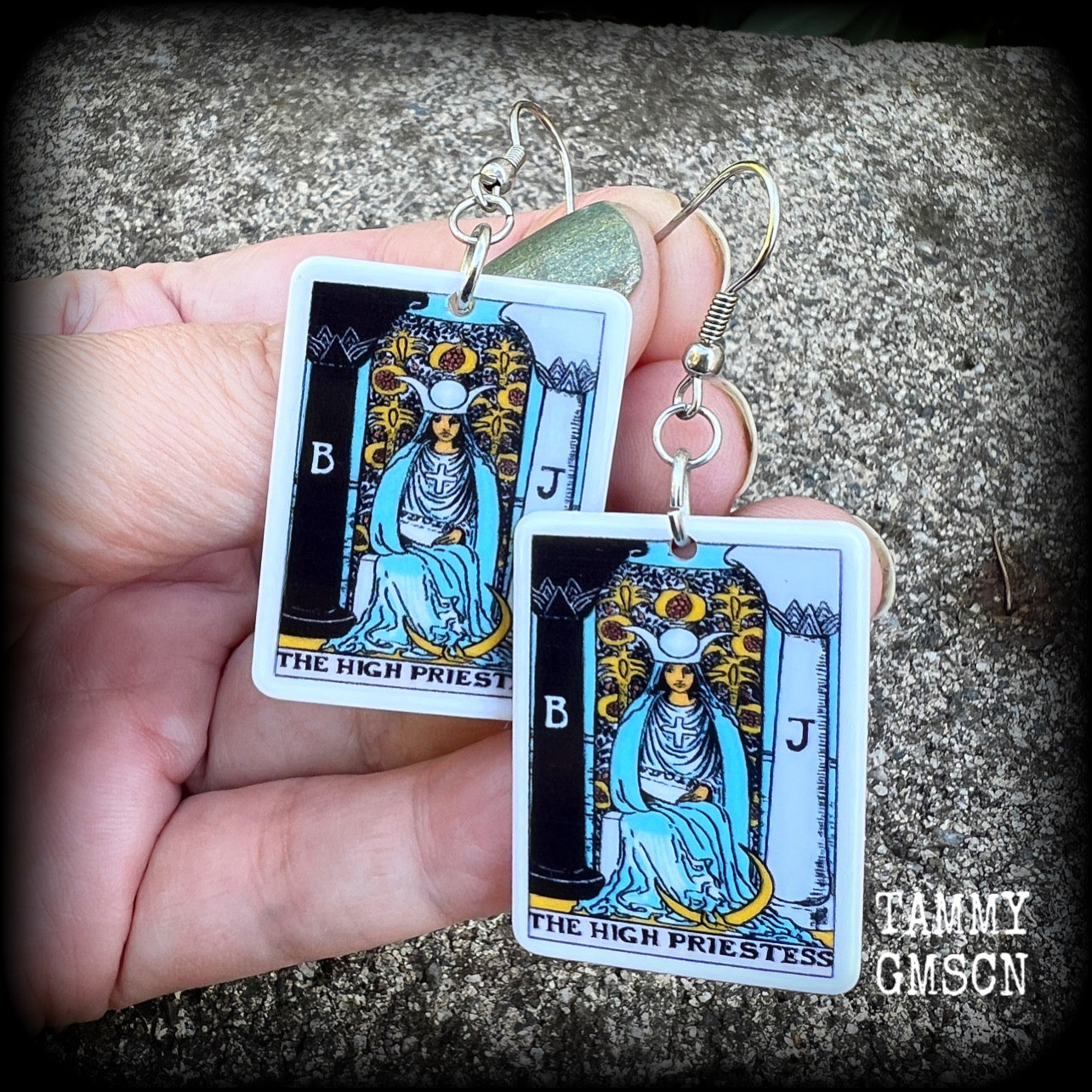 These classic Major Arcana earrings feature lightweight acrylic 'High Priestess' tarot card charms, measuring just under 6cms from tip to tip and weighing only a gram or two each.

This pair has been made with stainless steel french hooks, suitable for pierced ears.