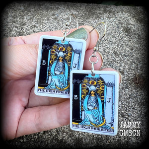 These classic Major Arcana earrings feature lightweight acrylic 'High Priestess' tarot card charms, measuring just under 6cms from tip to tip and weighing only a gram or two each.

This pair has been made with stainless steel french hooks, suitable for pierced ears.
