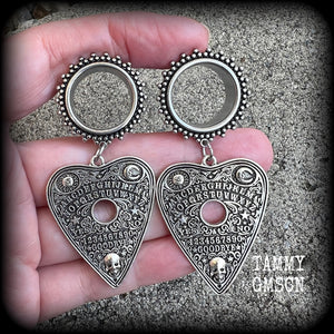 Ouija board jewelry Planchette earrings Spooky tunnel earrings Halloween gauged earrings 3/4" tunnel dangles 19mm tunnel earrings Body jewelry Stretched ears Gauged ears 6mm 8mm 10mm 12mm 14mm 16mm 19mm 22mm 25mm 28mm 30mm ear gauges Plug gauges 