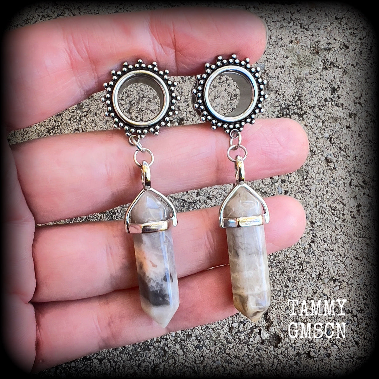 Ornate Lace agate tunnel dangles