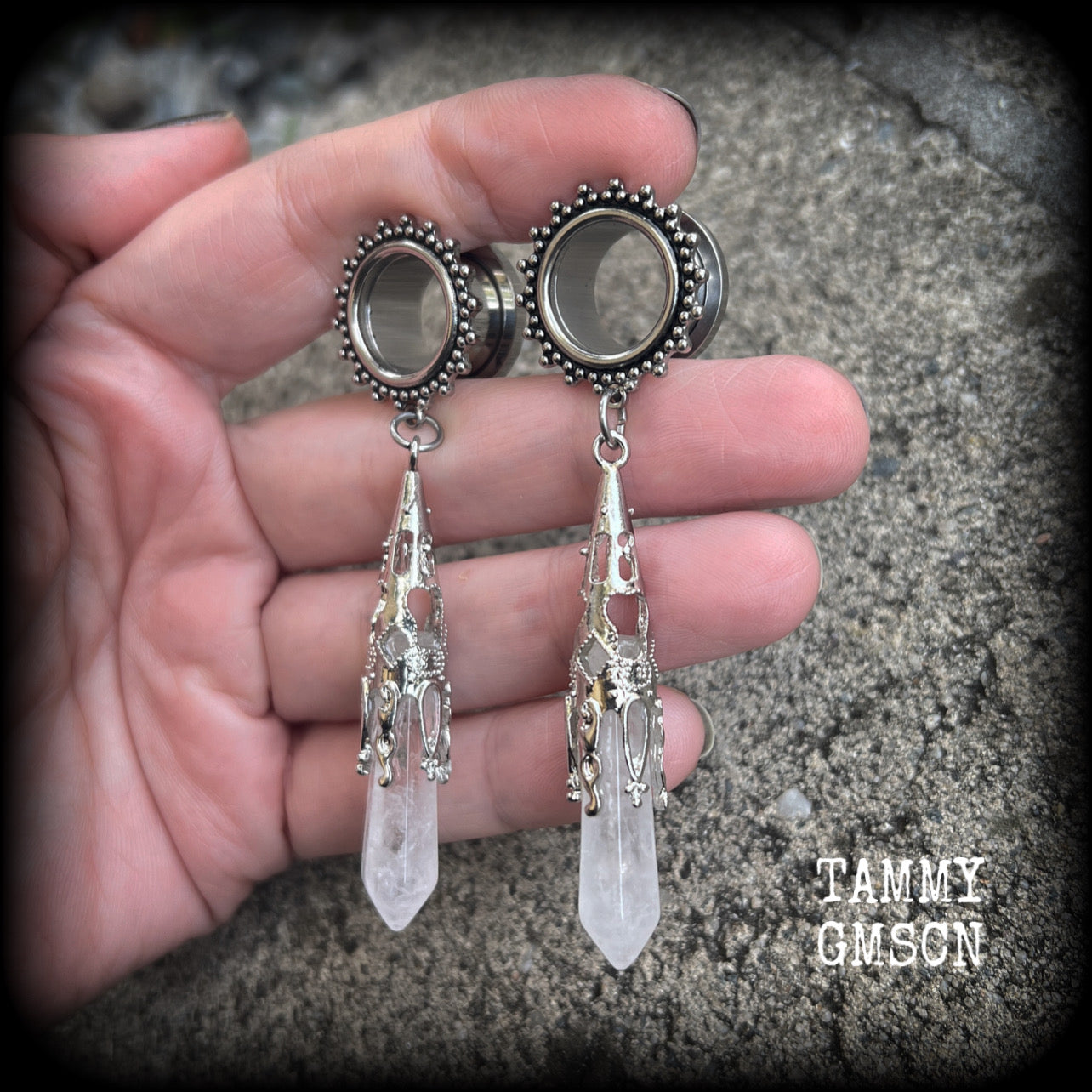 Gemstone gauged earrings Clear quartz gauged earrings 9/16" tunnels Gemstone tunnels Gemstone ear weights Gemstone ear hangers Ear gauges 14mm tunnels Tunnel dangles Plugs Stretched ears Body jewelry Stretched lobes Gauged ears 6mm 8mm 10mm 12mm 14mm 16mm 19mm 22mm 25mm