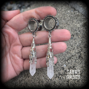 Gemstone gauged earrings Clear quartz gauged earrings 9/16" tunnels Gemstone tunnels Gemstone ear weights Gemstone ear hangers Ear gauges 14mm tunnels Tunnel dangles Plugs Stretched ears Body jewelry Stretched lobes Gauged ears 6mm 8mm 10mm 12mm 14mm 16mm 19mm 22mm 25mm