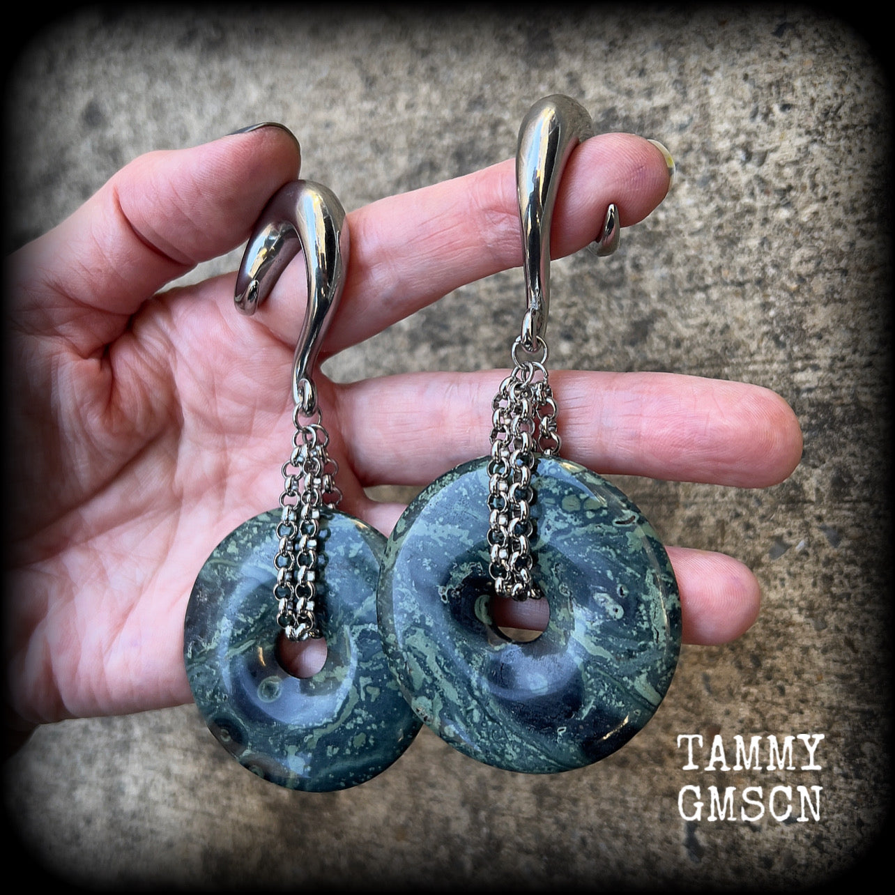 Kambaba jasper gauged earrings-Fossil ear weights