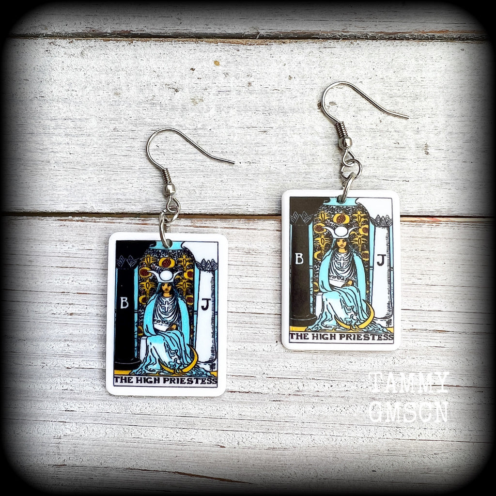 These classic Major Arcana earrings feature lightweight acrylic 'High Priestess' tarot card charms, measuring just under 6cms from tip to tip and weighing only a gram or two each.

This pair has been made with stainless steel french hooks, suitable for pierced ears.