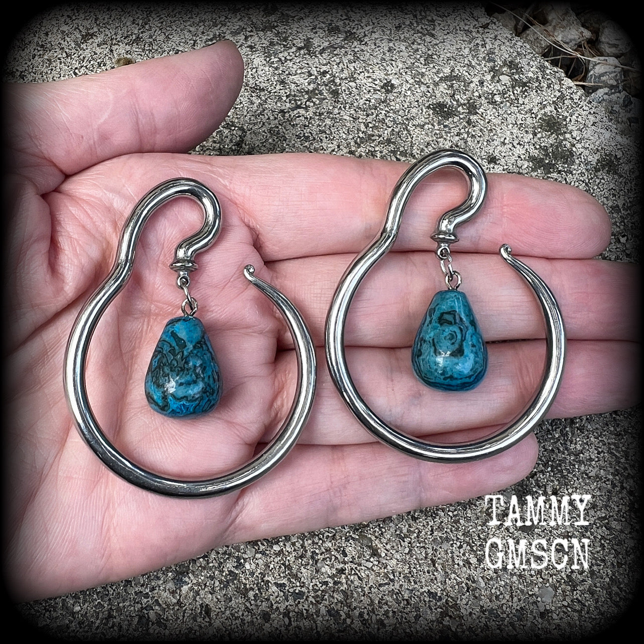 Blue lace agate ear hangers-Round hangers