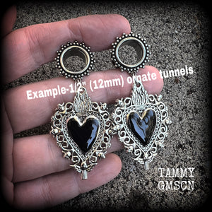 Black sacred heart tunnel earrings with cherbus and filigree details available on a range of different style tunnels from 6mm to 25mm