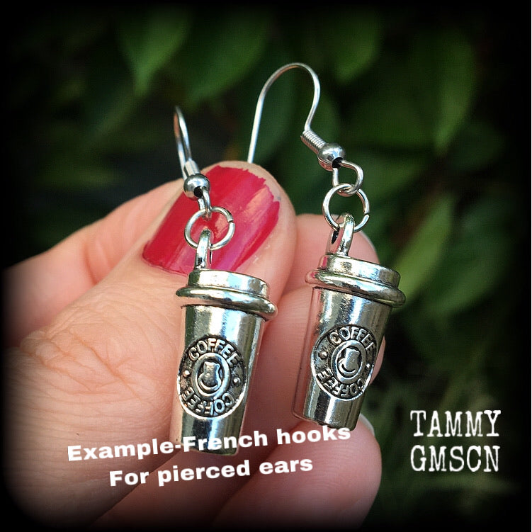 Coffee cup earrings Coffee earrings Thermos flask 4mm earrings Tunnel dangles 6 gauge tunnel earrings Ear hangers Body jewelry Body jewellery Stretched lobes Stretched ears