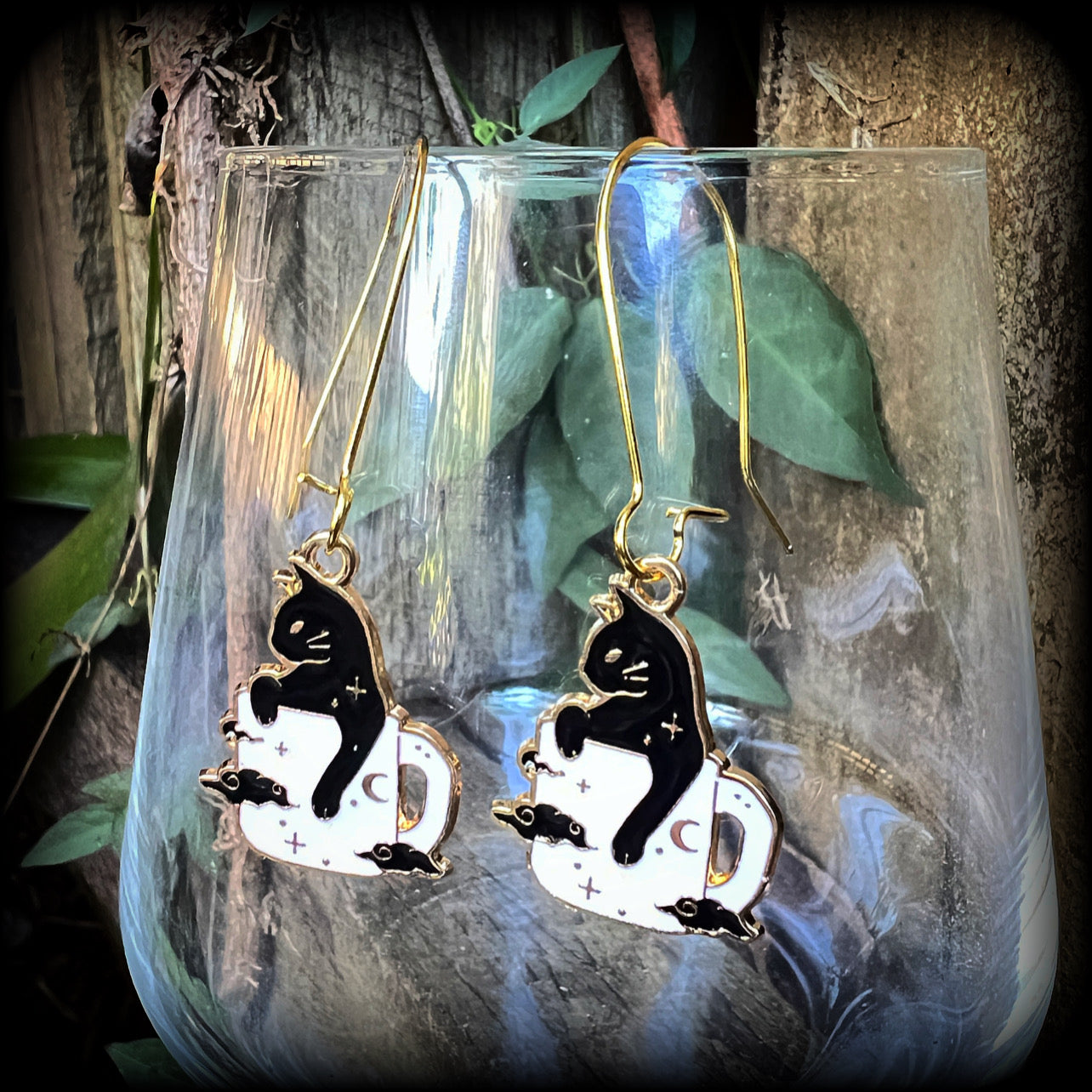 Black cat and coffee cup earrings