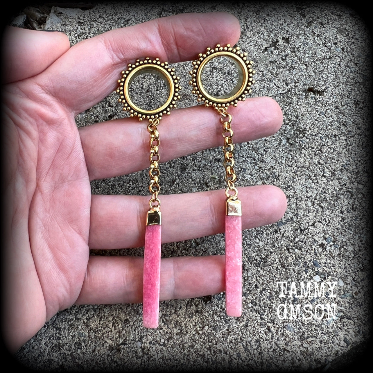 Beautiful cherry quartz slivers hanging from ornate tunnels with antique gold chain, available on a range of hooks and clasps for pierced ears.