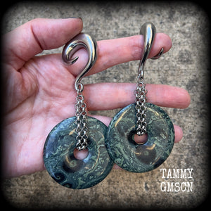 Kambaba jasper gauged earrings-Fossil ear weights