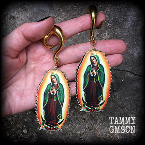 Catholic saints Lady of Guadalupe jewelry Lady of Guadalupe gauged earrings Sacred heart ear weights 00 gauge ear weights Ear hangers Body jewelry Religious jewelry Catholic jewellery Voodoo jewelry 4mm 6mm 8mm 10mm 12mm 14mm 16mm 19mm 22mm 25mm 28mm 30mm Stretched lobes Ear gauges Saints