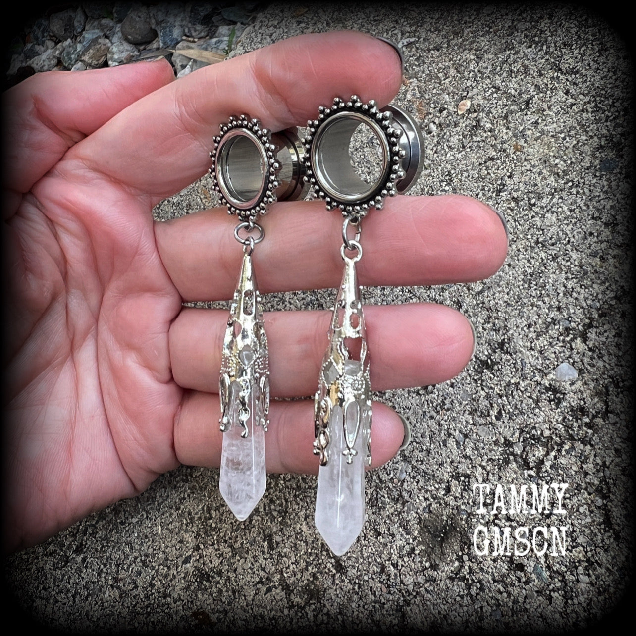 Ear gauges Clear quartz gauged earrings 9/16" tunnels Gemstone tunnels Gemstone ear weights Gemstone ear hangers Ear gauges 14mm tunnels Tunnel dangles Plugs Stretched ears Body jewelry Stretched lobes Gauged ears 6mm 8mm 10mm 12mm 14mm 16mm 19mm 22mm 25mm