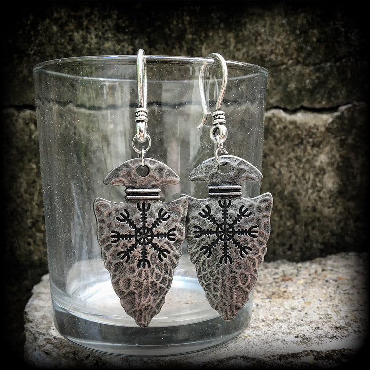 Helm of awe earrings Helm of terror jewelry Arrowhead earrings Arrowhead ear weights Viking jewelry Viking ear weights Viking ear hangers Viking body jewelry Tribal jewelry Arrows Arrow earrings Celtic jewelry Celtic earrings Pierced ears Gauged ears Ear gauges Tunnels