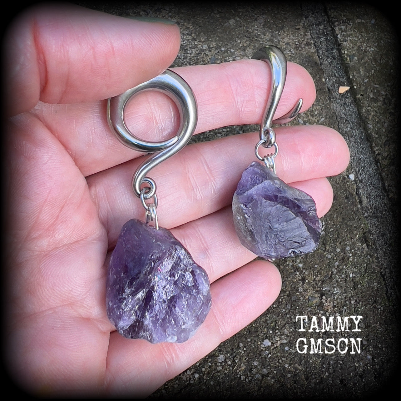 Raw amethyst gauged earrings